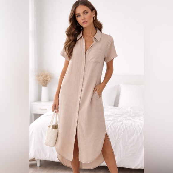 Fashion Nova Dresses & Skirts - Fashion Nova Tan Button-Up Shirt Dress